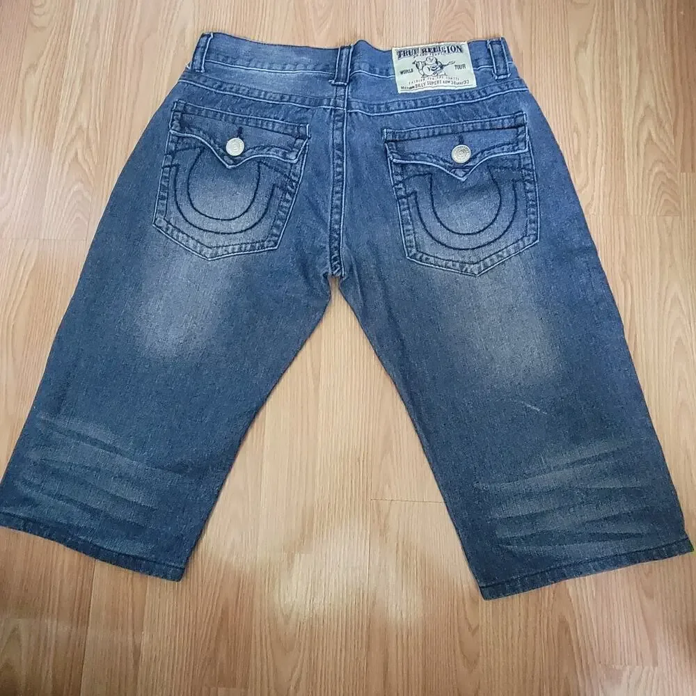 True Religion Mens Denim Shorts Sz 34 Blue‎ Jean Medium Wash Whiskers